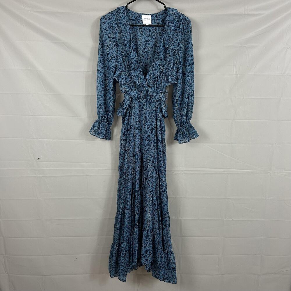 Misa Los Angeles Dress XS Amelia Midi Blue Floral Ruffle Boho Romantic Flowy Chi - Picture 6 of 16